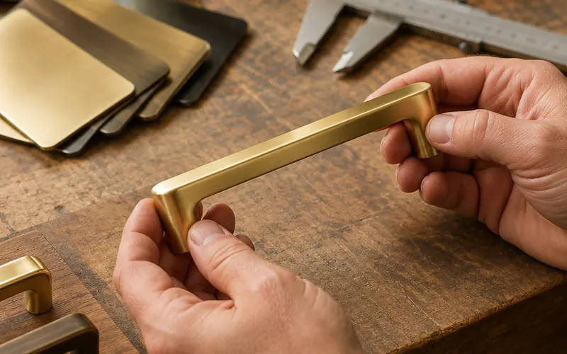Solid brass hardware being finished in the workshop
